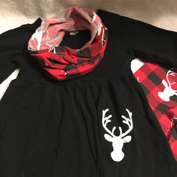 Unbranded‎ 3pc Christmas Outfit Girls Size 120 Black Red Buffalo Plaid Reindeer - Picture 2 of 3